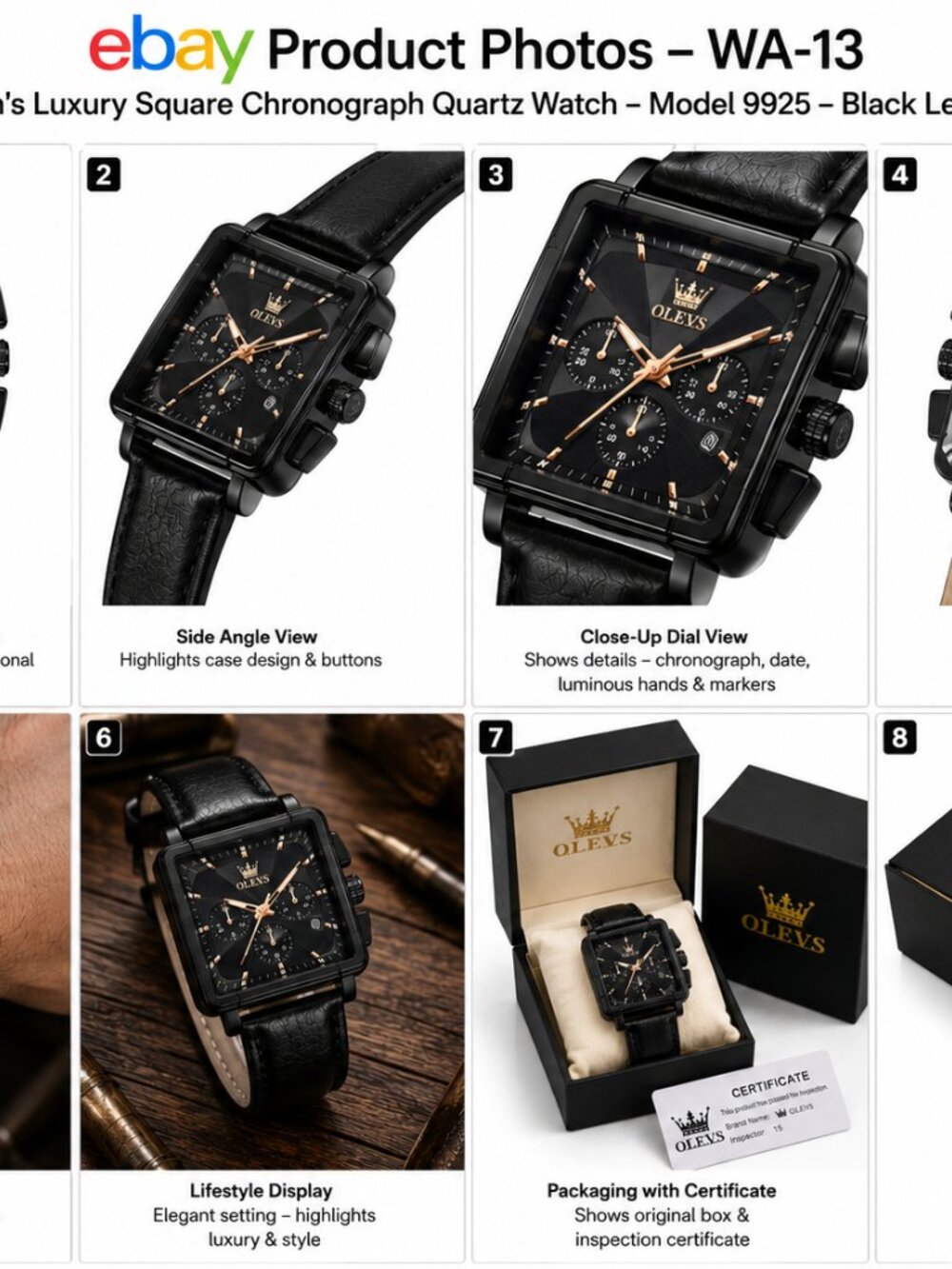 WA-13--OLEVS Luxury Square Men's Watch Black Leather